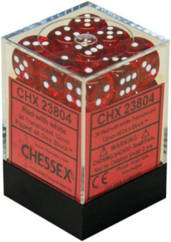 Chessex CHX23804 D6 Dice Set - Translucent Red/White, 12mm, 36pcs