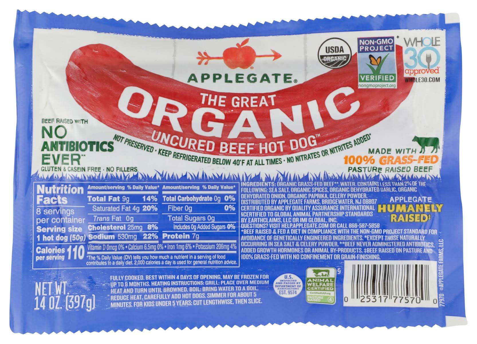 Applegate: The Great Organic Uncured Beef Hot Dog, 14 Oz