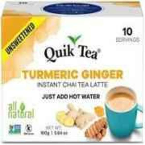 QuikTea Unsweetened Turmeric Ginger Chai Tea Latte - 10 Count Single Box - All Natural Preservative Free Authentic Instant Chai From Assam