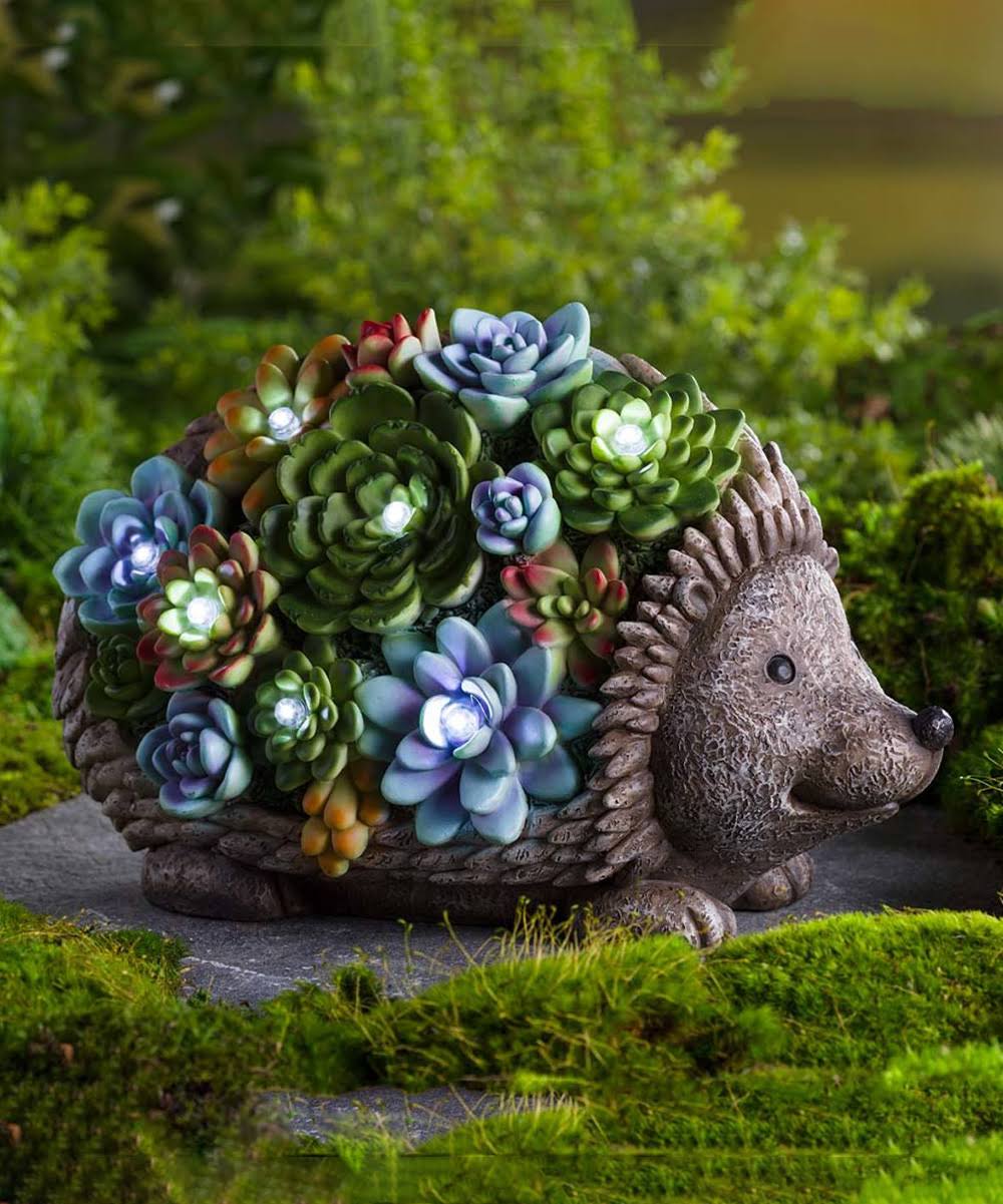 Plow & Hearth Gray & Green Hedgehog Succulent Solar Statue One-Size