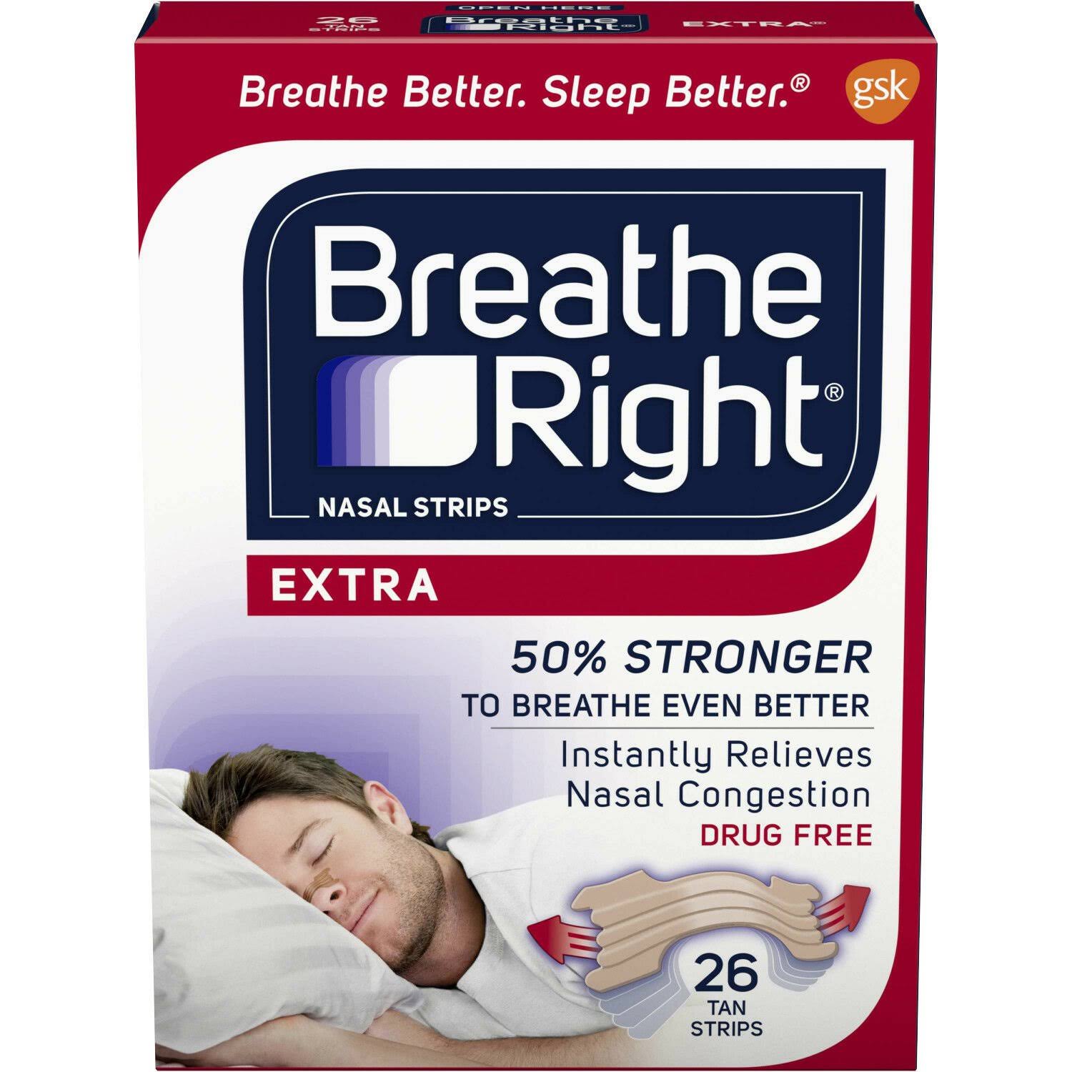 Gsk Breathe Right Tan Drug Free Extra Nasal Strips - 26pk