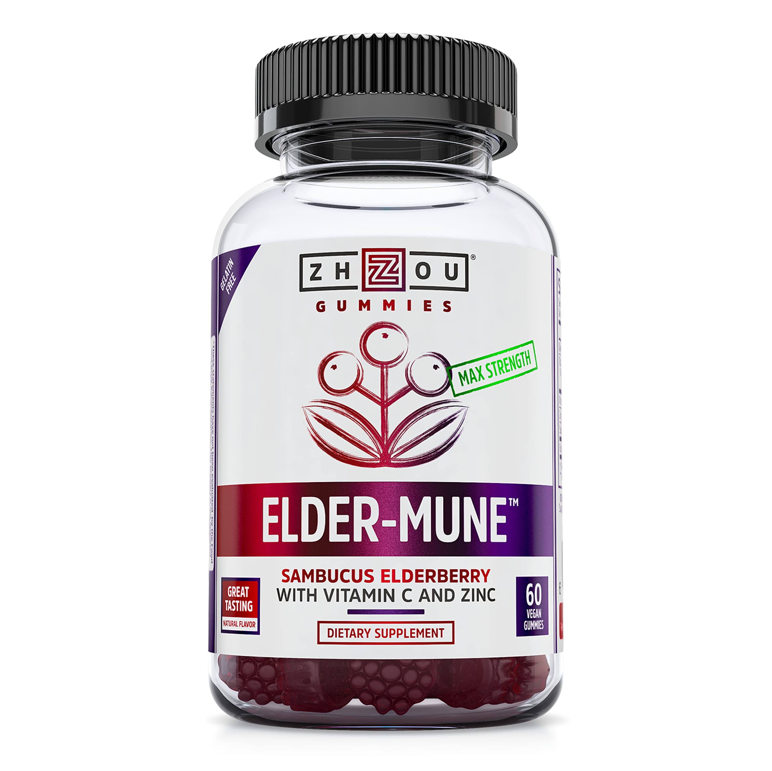 Zhou Elder-Mune, Sambucus Elderberry, Max Strength, Vegan Gummies - 60 gummies