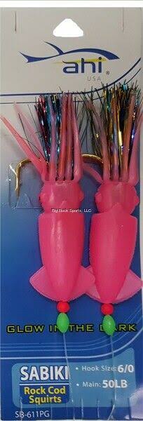 Ahi 2 Hook Rockcod Squirts Rig Size 6/0 hook 50 lbs Pink Glow SB-611PG