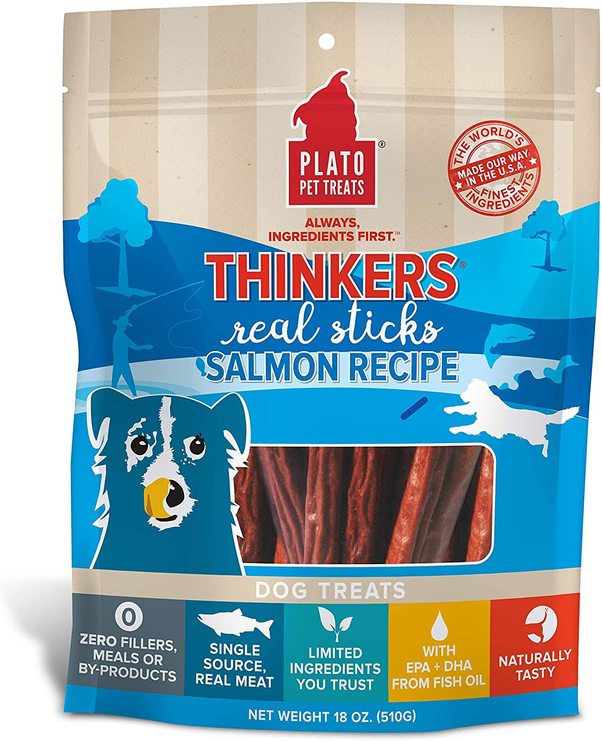 Plato Dog Thinkers Stick Salmon, 18 oz