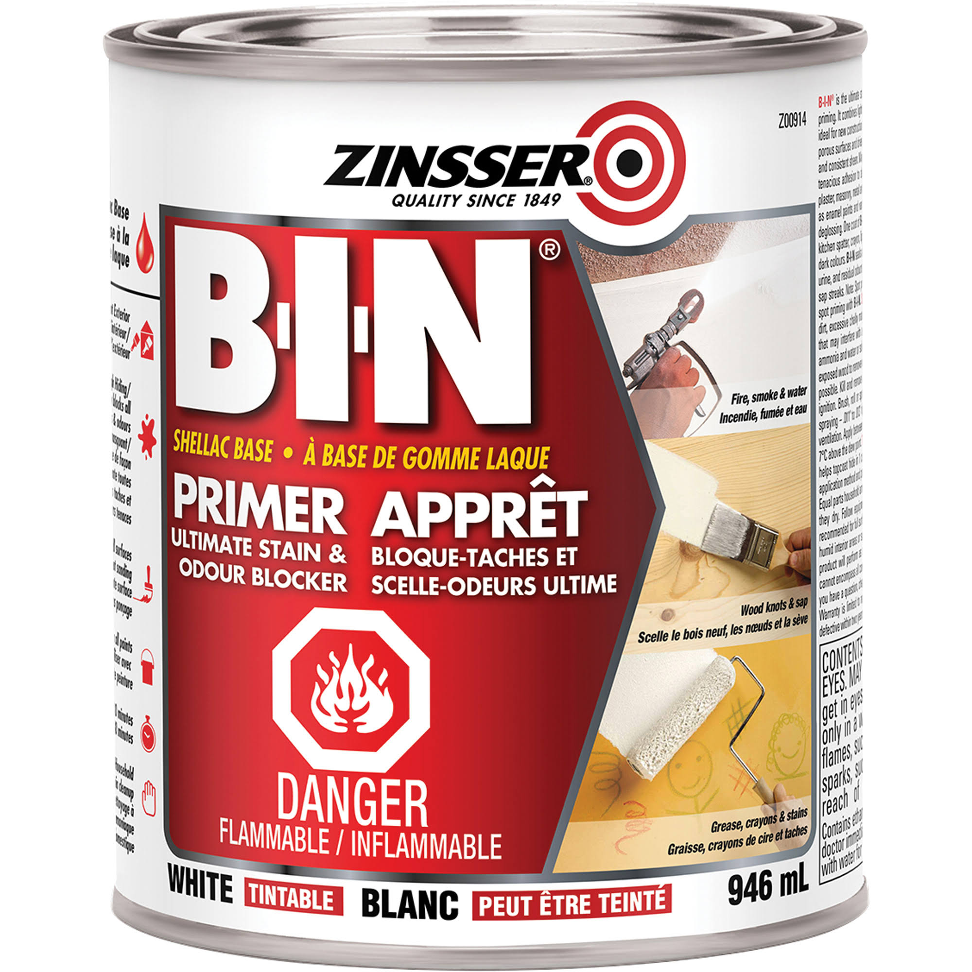 Zinsser B-I-N Shellac Base Primer Sealer Stain Killer - White, 1 Quart