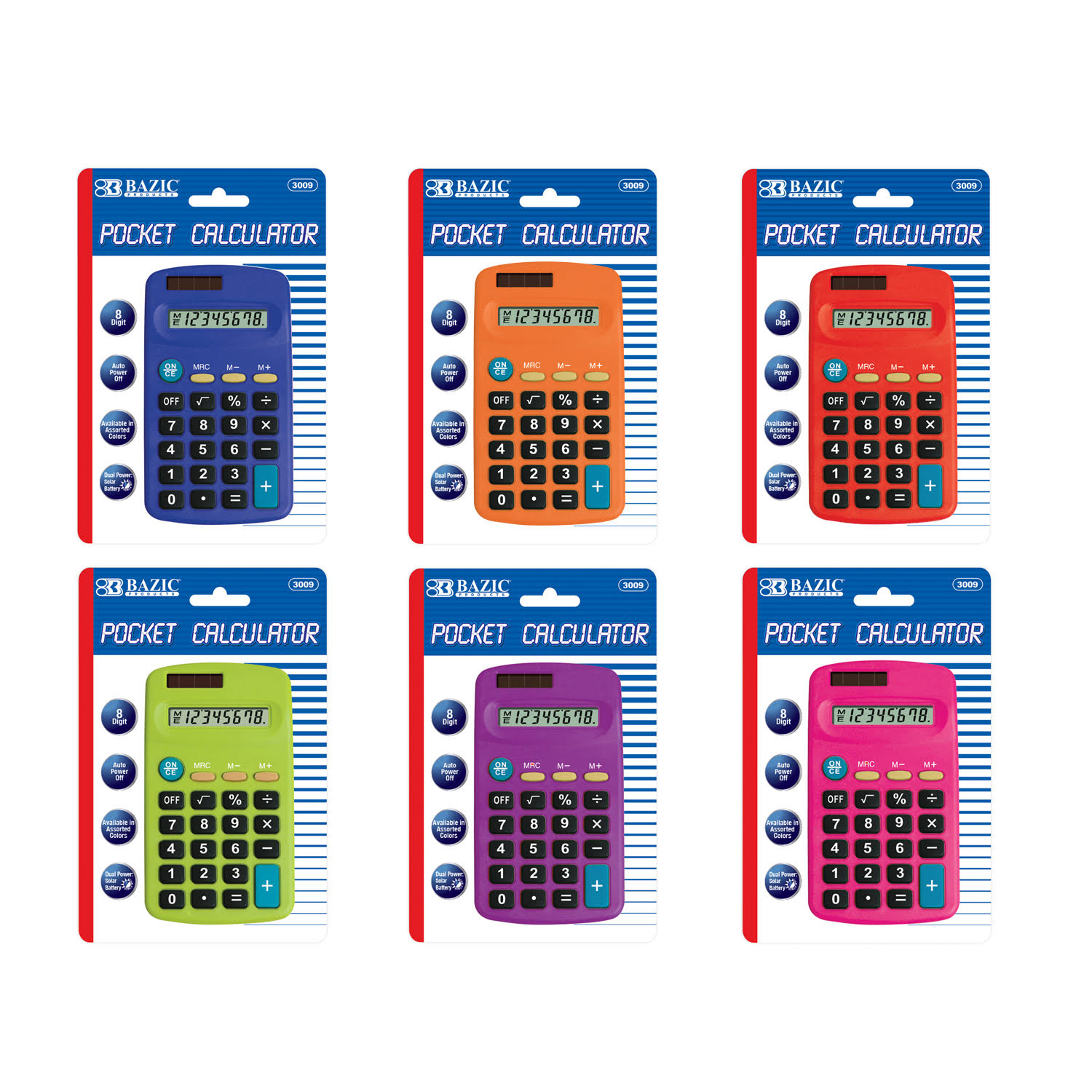 Bazic 8 Digit Dual Power Calculator - Color May Vary, Pocket Size