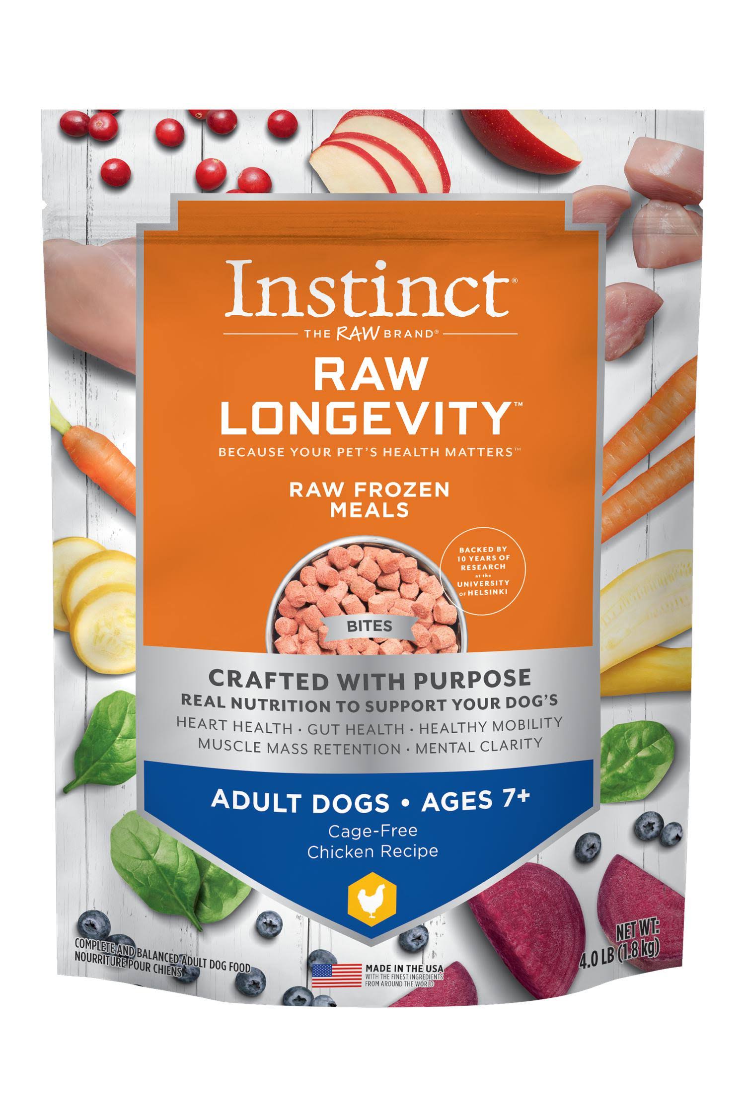 Instinct Raw Longevity Frozen Bites Cage-Free Chicken Recipe For Adult Dogs Over 7 Years 4 LB
