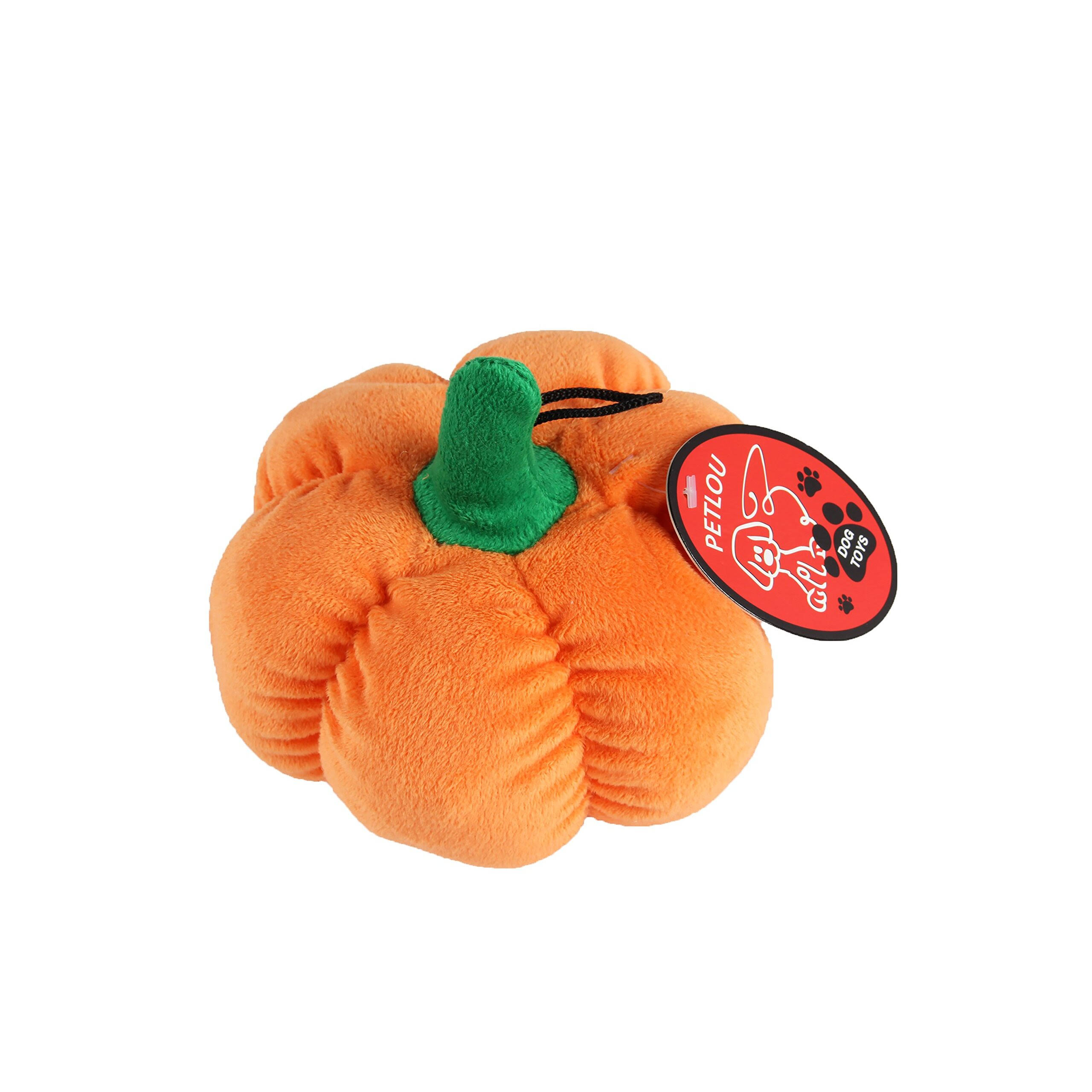 Petlou Durable Plush Dog and Cat Toys with Multi-Squeaks and Crinkle Paper. (Orange, 6-Inch Pumpkin)