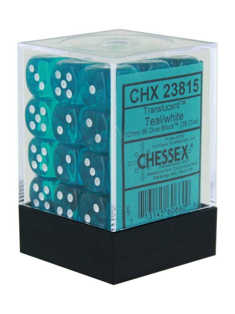 Translucent 36 * D6 Teal / White 12mm Chessex Dice (CHX23815)