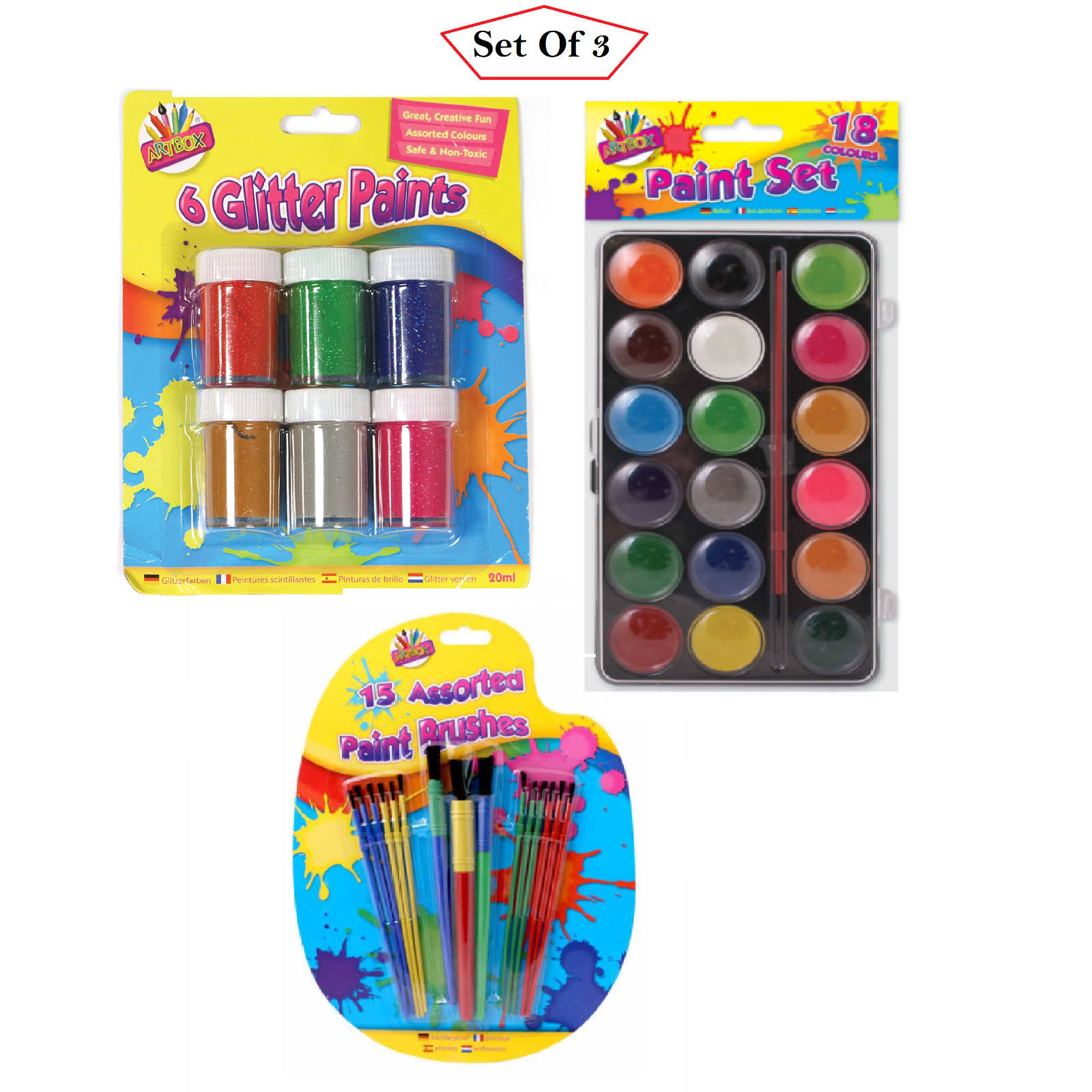 Pack of 3 Kids Glitter Paint Pots Craft Paint Set 15Pcs Brushes Set