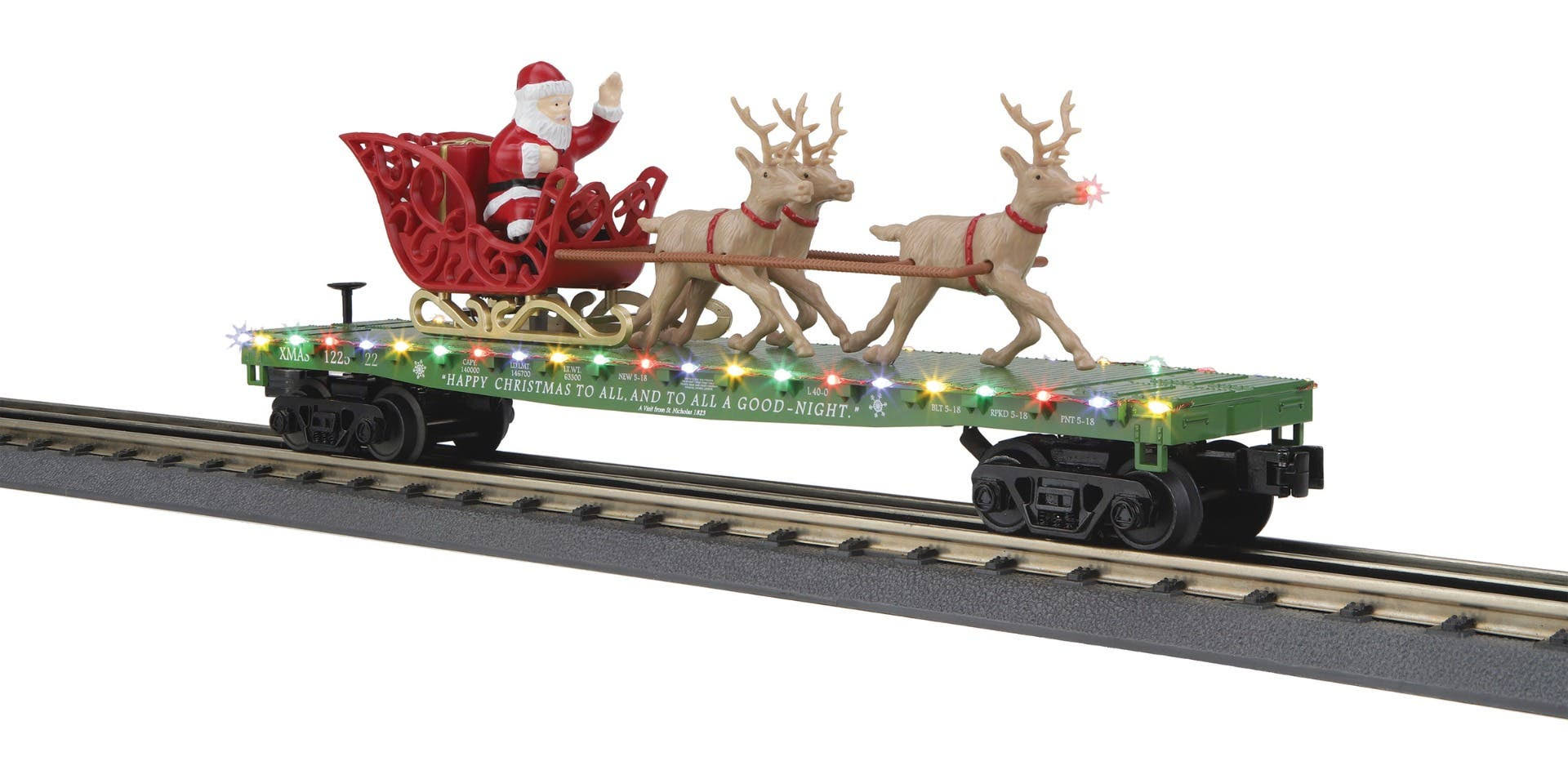 MTH 30-76860 O Flat Car w/LED Lights, Santa Sleigh & Reindeer - Christmas Car No. 122522 (Green)