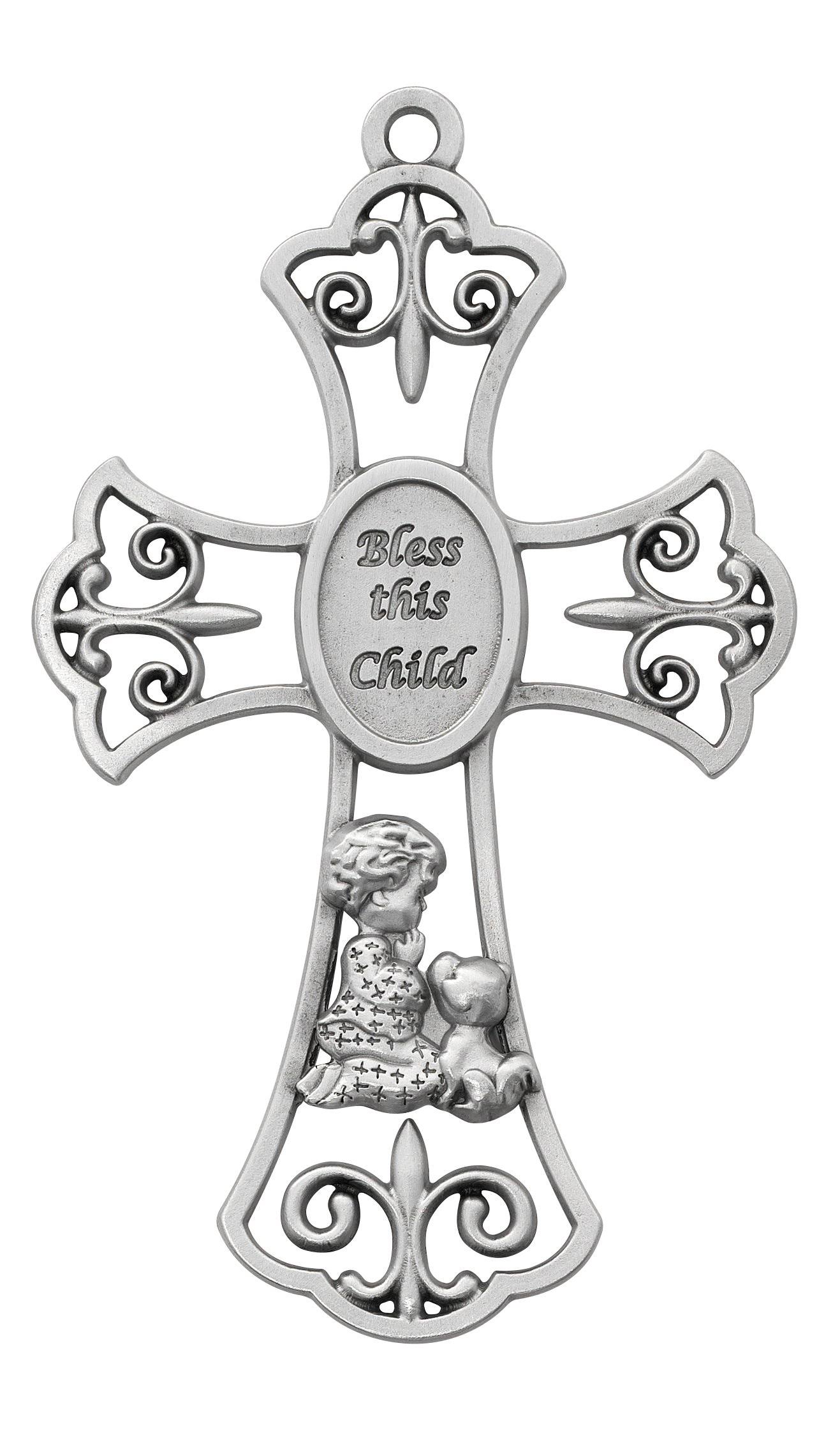 6" Pewter Bless This Child Boy with Puppy Cross