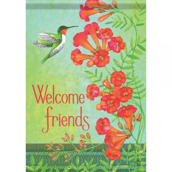 Carson Green & Red Floral 'Welcome Friends' Hummingbird Outdoor Flag Garden