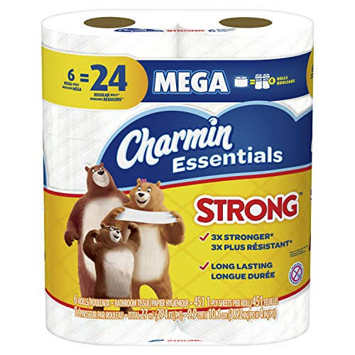 Charmin Essentials Strong Toilet Paper, 6 Mega Rolls = 24 Regular Roll