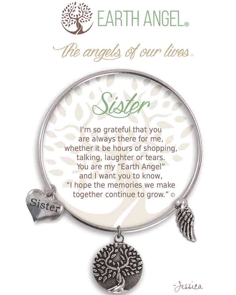 Earth Angels Sister Bangle Bracelet in Antique Silver, Women's, White