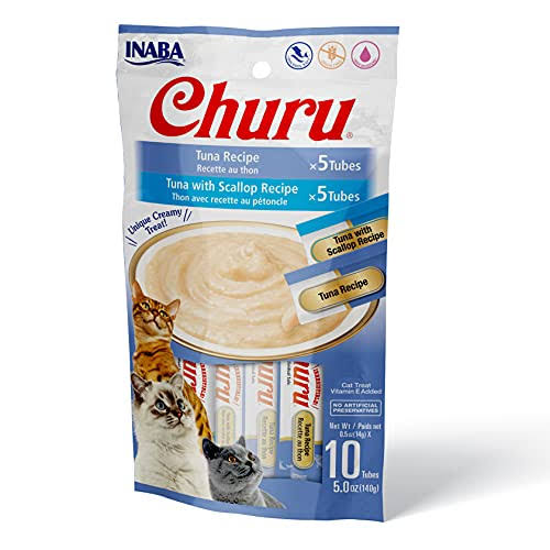 Inaba Churu Cat Treats, Grain-Free, Lickable, Squeezable Creamy Purée Cat Treat/Topper with Vitamin E & Taurine, 0.5 Ounces Each Tube, 10 Tubes