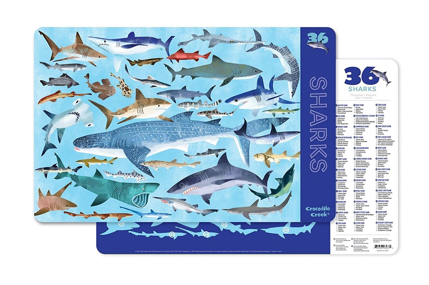 Crocodile Creek 36 Animals/Sharks 2-Sided Placemat Children's, Blue, Green, Teal, Grey, Red | Furniture