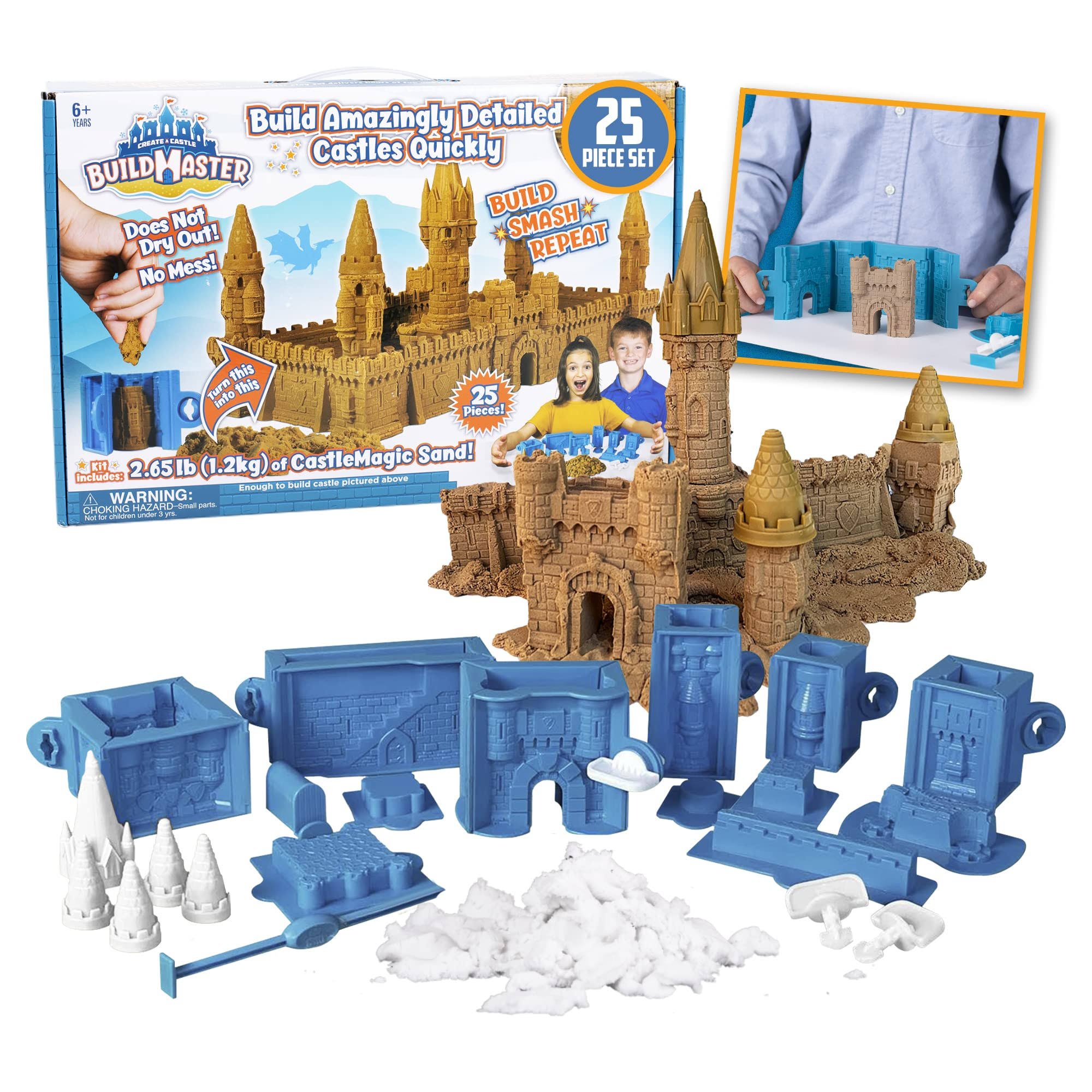 Create A Castle Indoor Sandcastle Building Kit As Seen On Shark Tank, BuildMaster Reusable Castle Magic Sand Toy Set For Kids, 25 Pieces, 2.65 Lbs