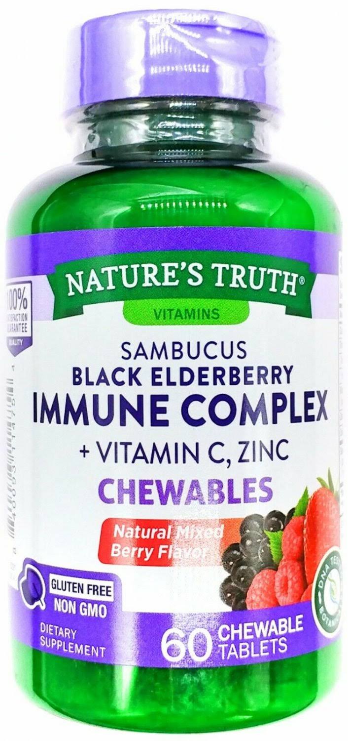 Nature's Truth Sambucus Black Elderberry Immune Complex Plus Vitamin C & Zinc Natural Mixed Berry 60 Chewable Tablets