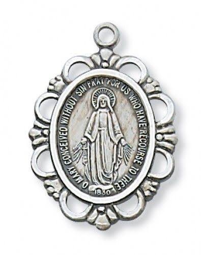 Sterling Silver Miraculous Medal on 18" Rhodium Plated Chain -NIB