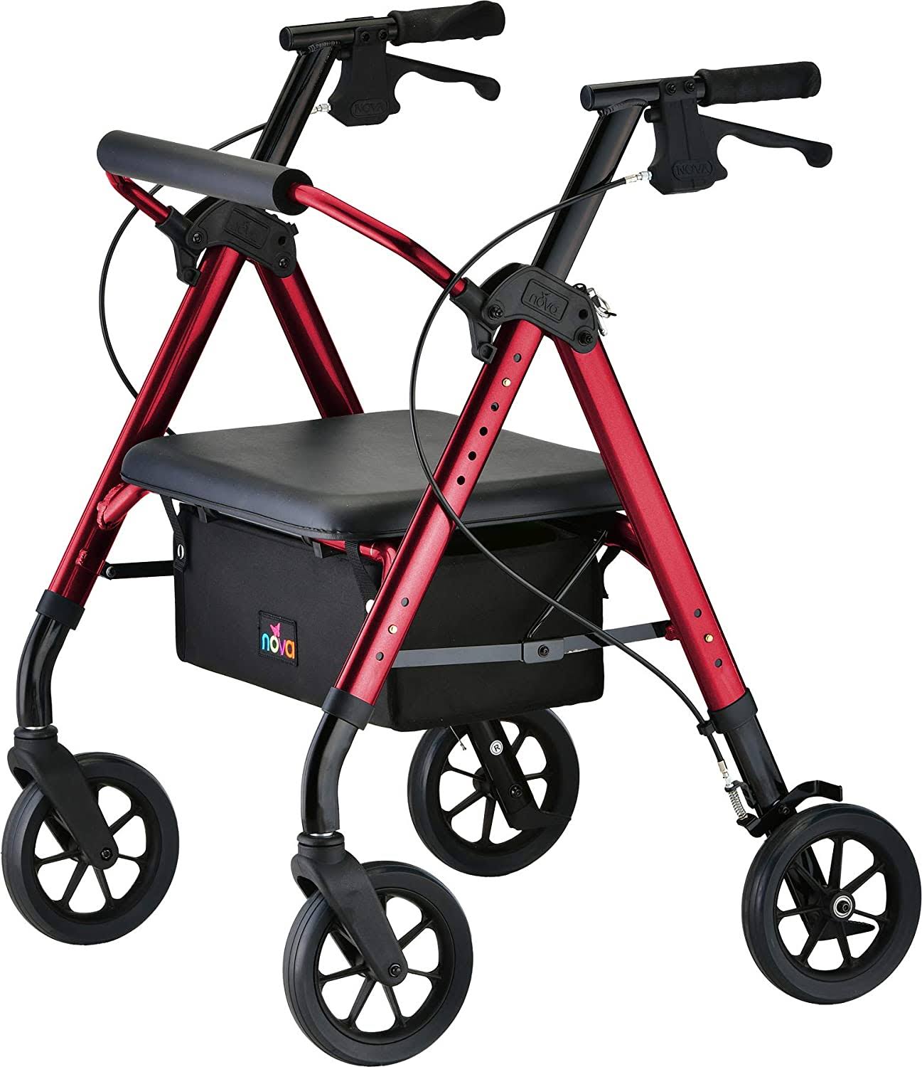 Nova Star Heavy Duty Rollator with Extra Wide Padded Seat, Red, 450 lbs.