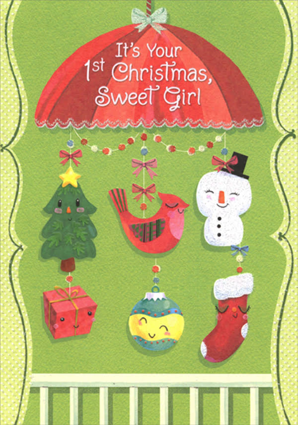 Designer Greetings Mobile with Tree, Cardinal, Snowman, Ornament and Stocking Baby Girl's 1st : First Christmas Card, Size: 5.25 x 7.5