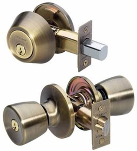 Master Lock TUCO0605 Tulip Entry Door Knob and Keyed Alike Single Cylinder Deadbolt - Antique Brass