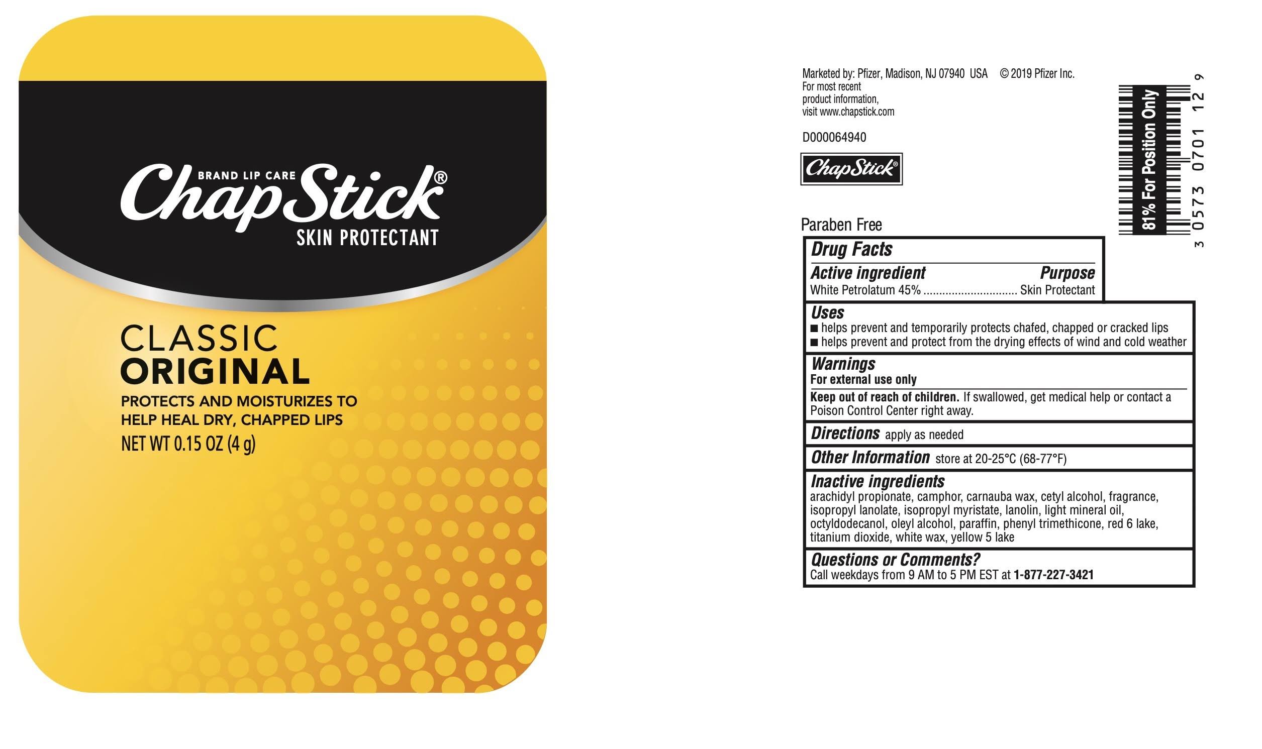 Chapstick Classic (Regular Flavor) Skin Protectant Lip Balm Tube, 0.15