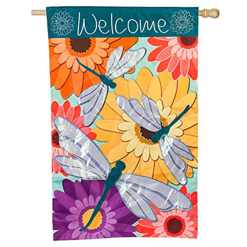 Evergreen Dragonfly Welcome Outdoor Safe Double-sided Linen House Flag, 28 x 44 Inches