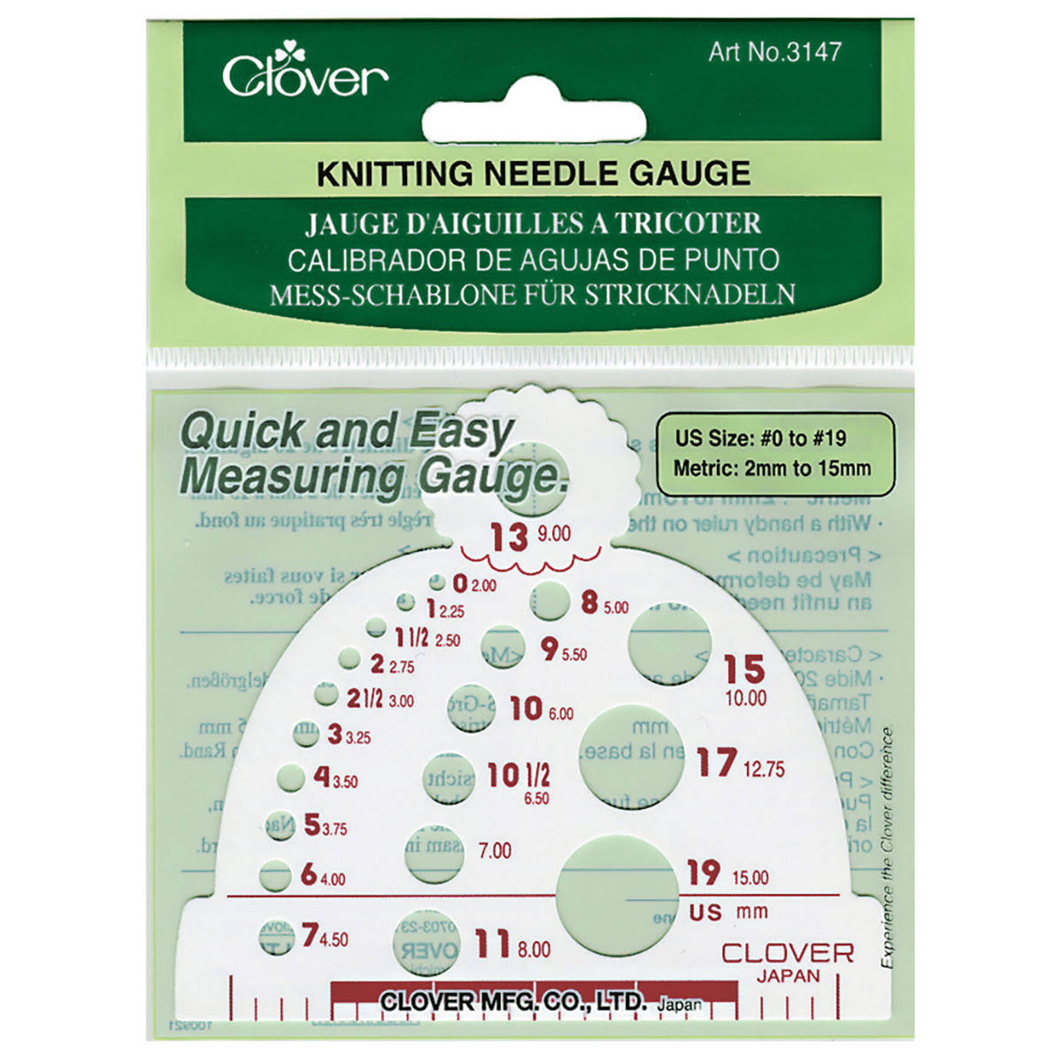 Clover Knitting Needle Gauge - Size 0 to 19