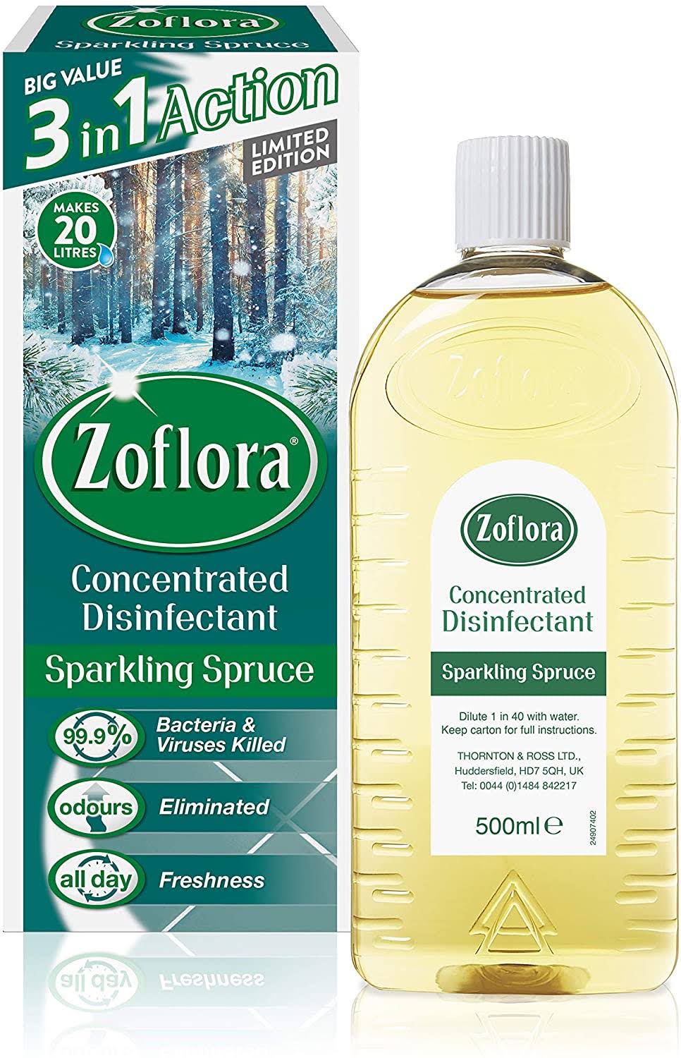 Zoflora Sparkling Spruce 500ml, Concentrated Disinfectant, All Purpose Cleaner, Kills 99.9% of Bacteria and Viruses