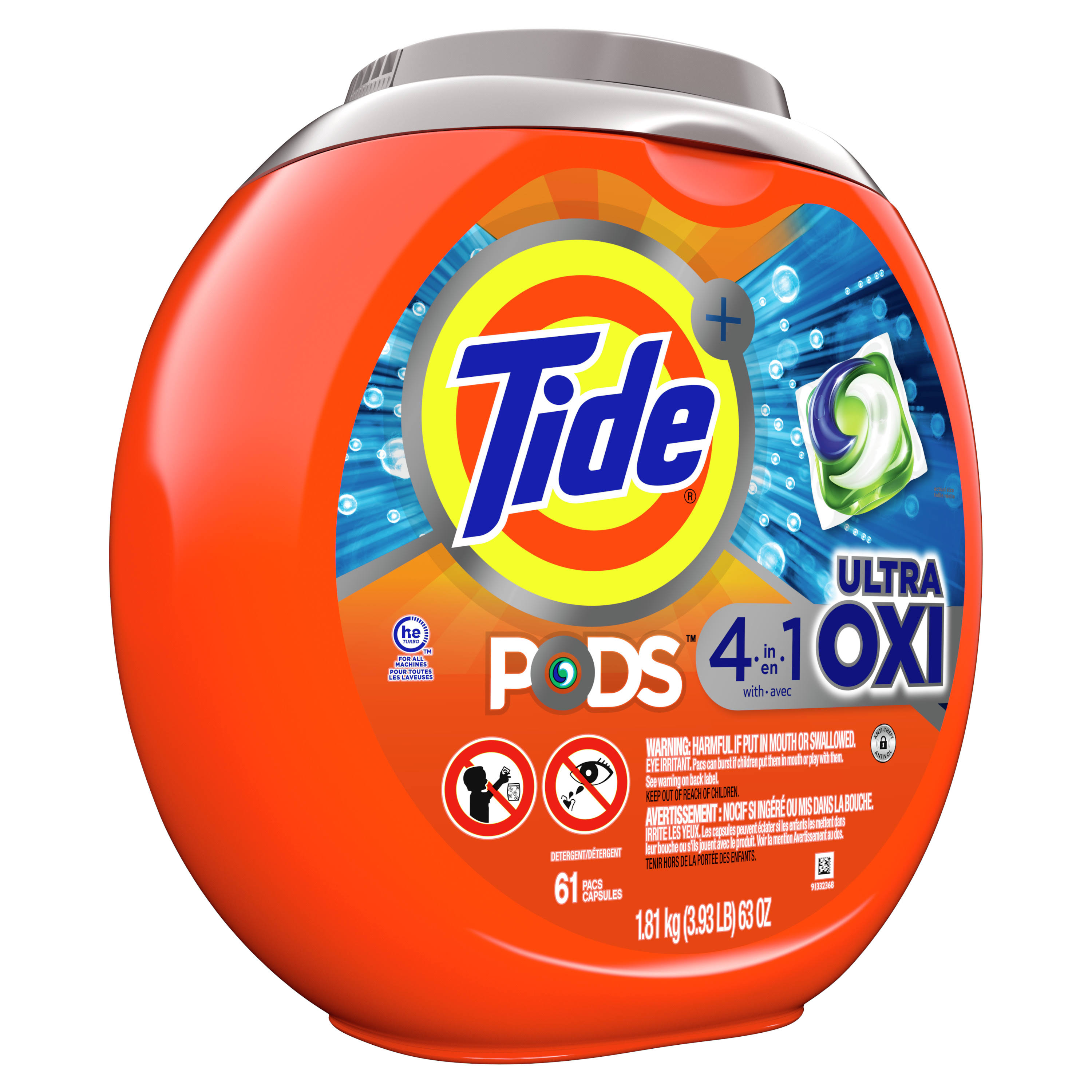 Tide Pods 4 in 1 Ultra Oxi Laundry Detergent Soap Pods, High Efficiency (HE), 61 Count