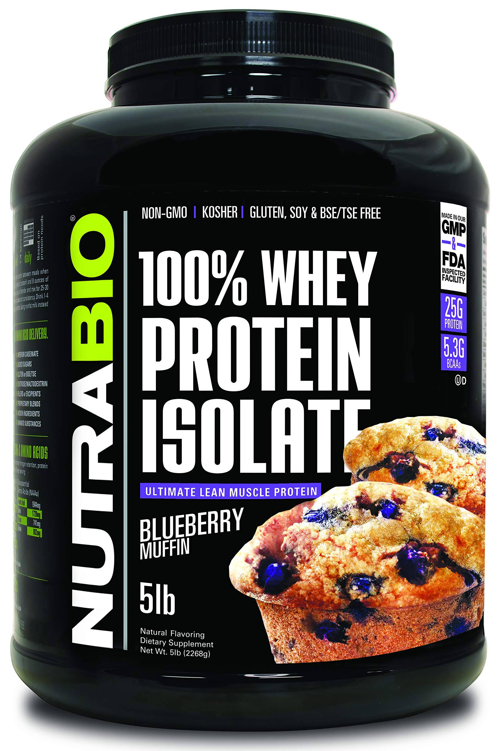 NutraBio 100% Whey Protein Isolate - Blueberry Muffin, 5lb