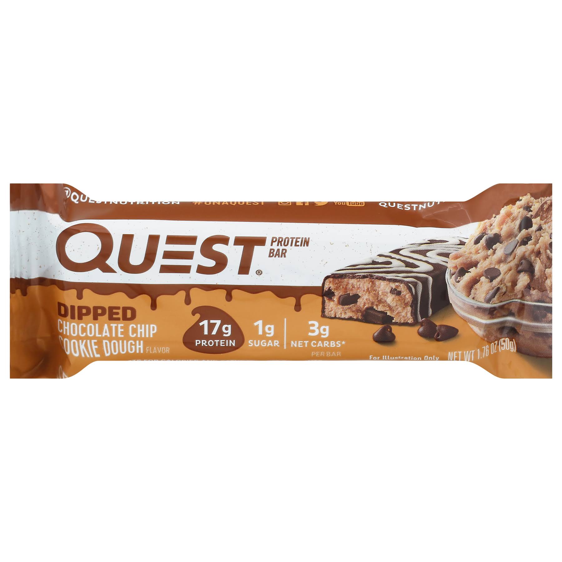 Quest High Protein Bar Dipped Chocolate Chip Cookie Dough Low Carb Keto 1.76 oz Bar