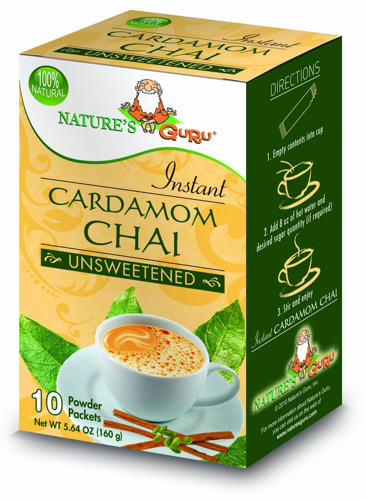 Nature's Guru Instant Cardamom Chai - Unsweetened | 10 Packets