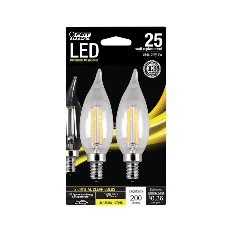 Feit Electric Light Bulbs, LED, Flame Tip, Soft White, Clear, 25 Watt - 2 Light Bulbs