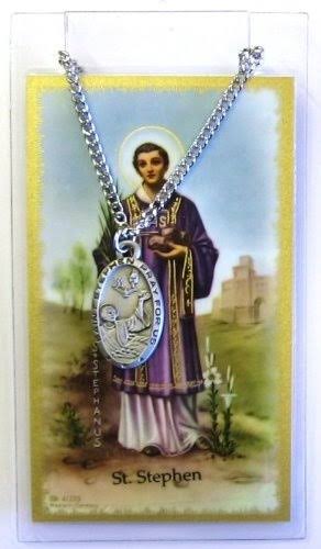 Pewter St. Pewter Stephen Medal &amp; 61cm Chain, Prayer Card Set,