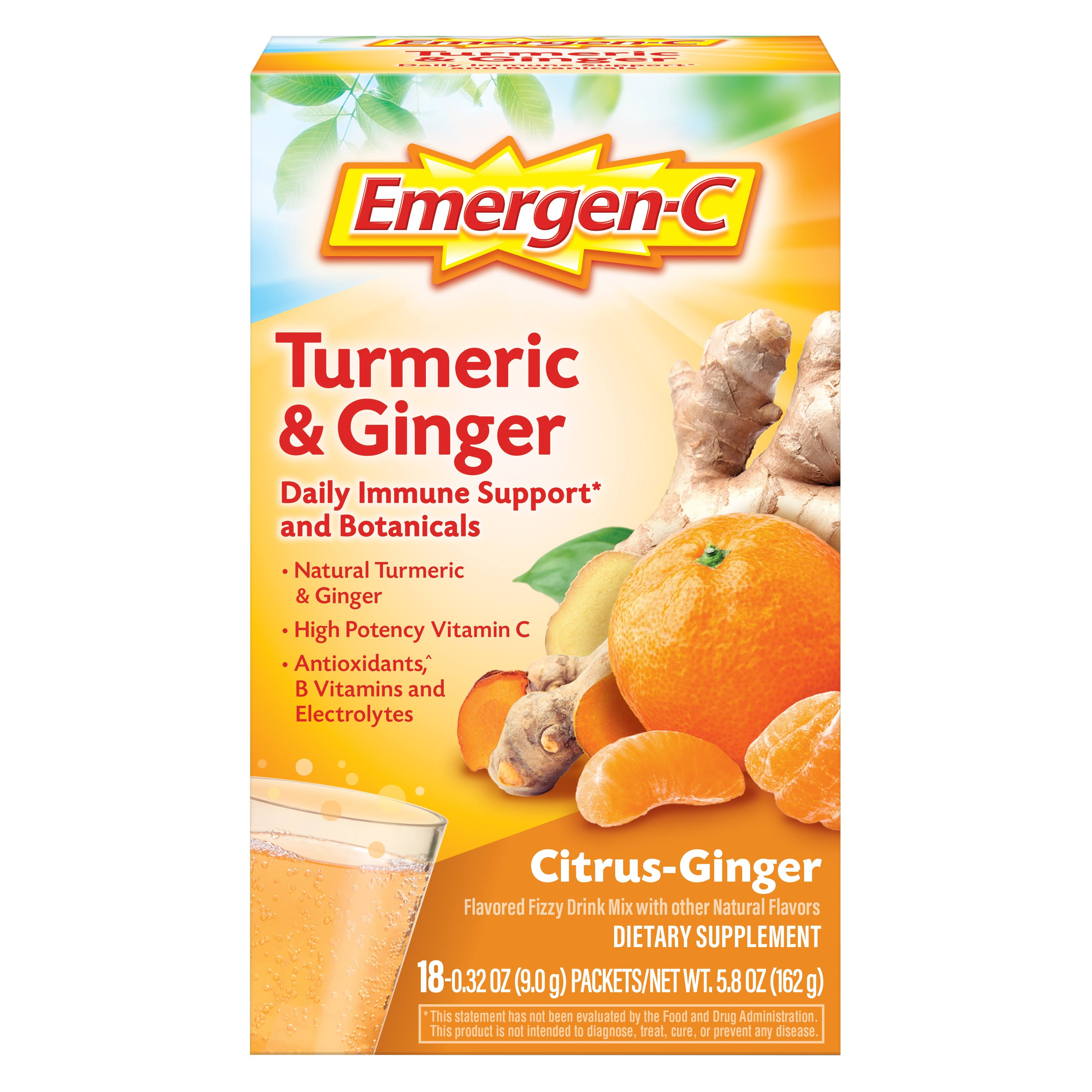 Emergen-C Citrus-Ginger Fizzy Drink Mix Turmeric and Ginger Immune Support Natural Flavors with High Potency Vitamin C 18 Count