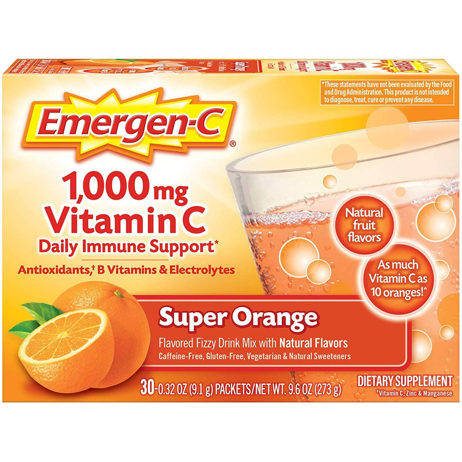 Emergen C Vitamin C Super Orange Flavored Fizzy Drink Mix Dietary Supplement - 1000mg, 0.32oz, 30pk