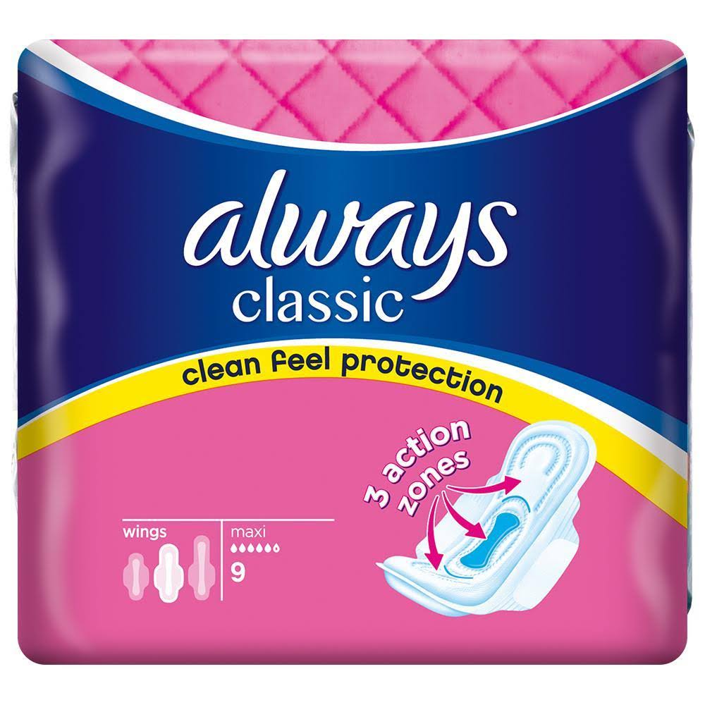 Always Classic Sanitary Maxi Pads - with Wings, 9pk