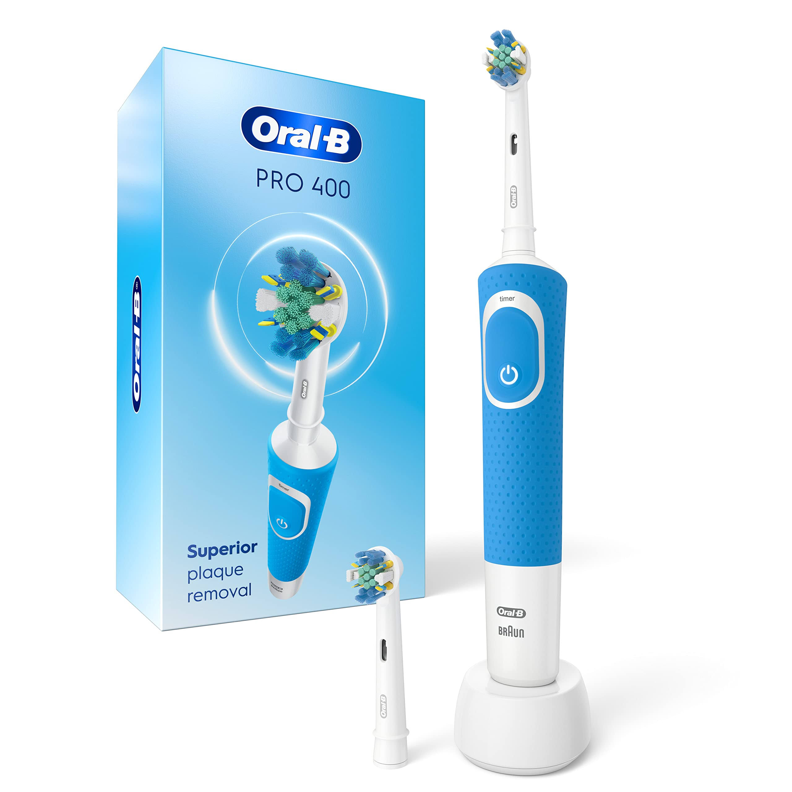 Oral B Pro 400 Floss Action Vitality Electric Toothbrush with (2) Brush Heads, Rechargeable, Blue