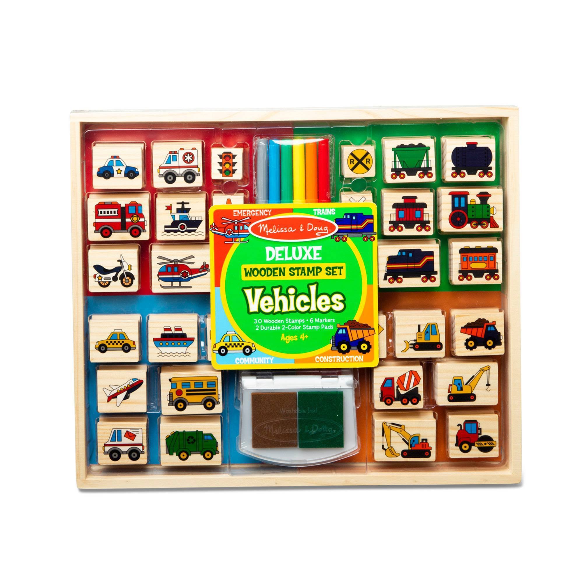 Melissa & Doug Deluxe Wooden Stamp and Coloring Set Vehicles (30