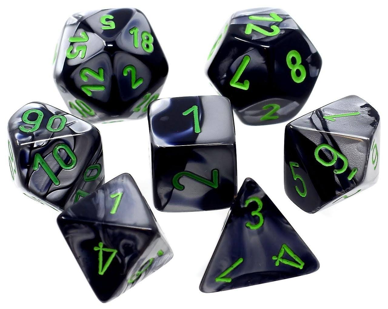 Chessex Polyhedral Gemini Dice Set - Black, Grey with Green, 7ct