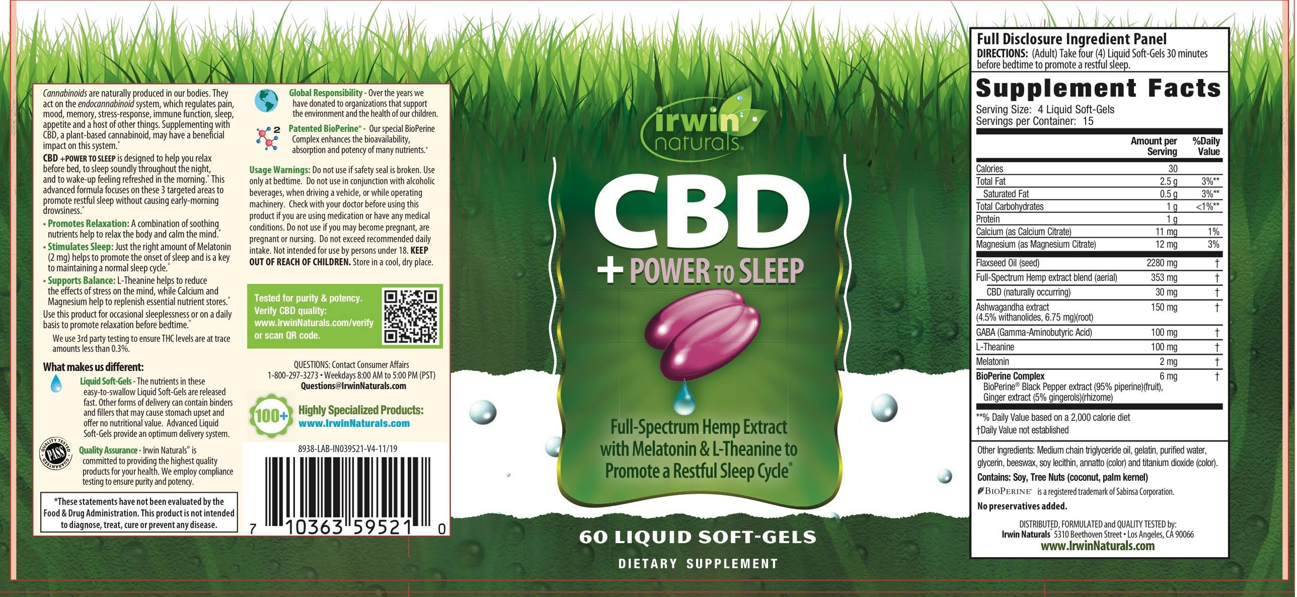 Irwin Naturals CBD + Power to Sleep, Liquid Soft-Gels - 60 softgels