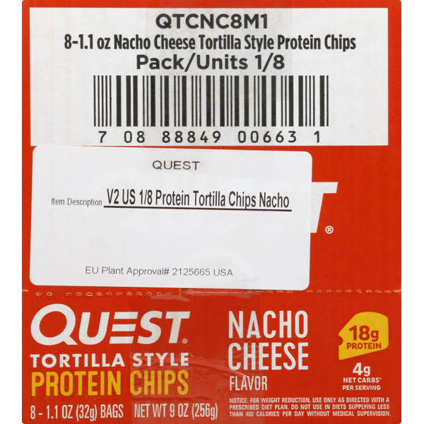 Quest Protein Chips, Nacho Cheese Flavor, Tortilla Style - 8 pack, 1.1 oz bags