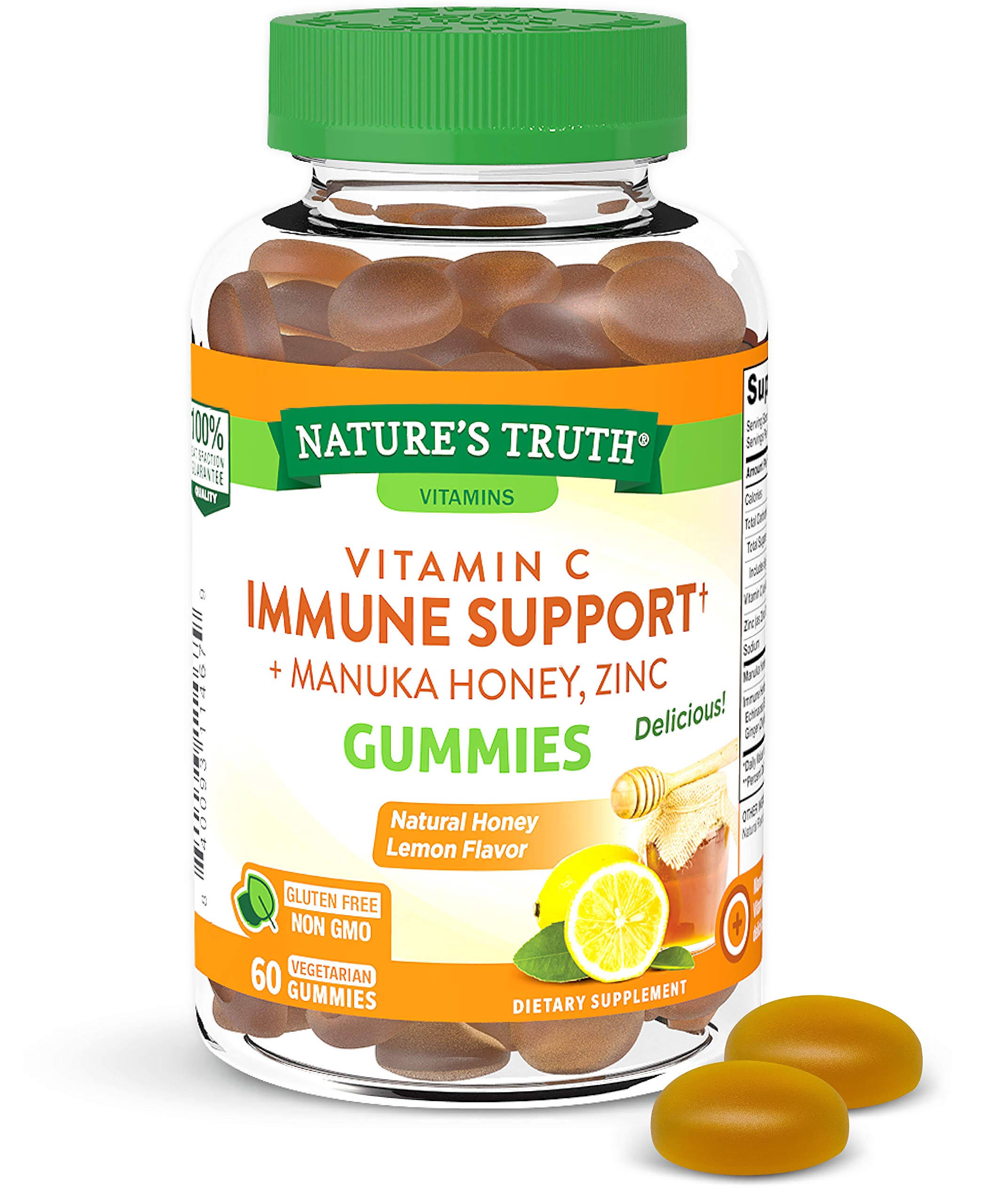 Natures Truth Vitamin C, Immune Support + Manuka Honey, Zinc, Gummies, Natural Honey Lemon - 60 gummies