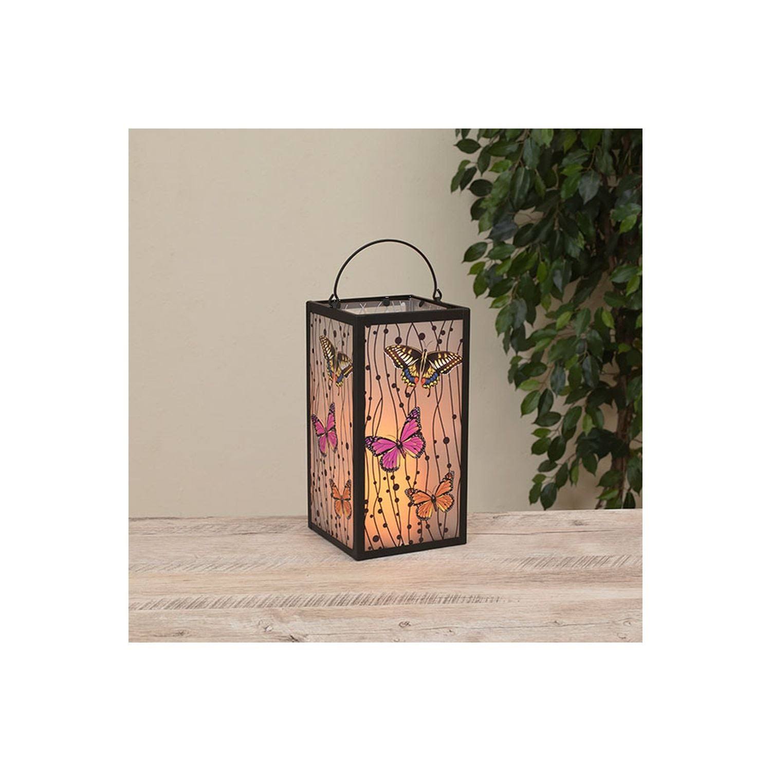 Gerson Company 11.2"H B/O Lighted Metal & Frosted Glass Butterfly Design Lantern