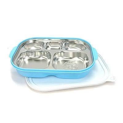 Pororo Portable Stainless Steel Divided Food Tray Platter with Lid in Blue Made in Korea