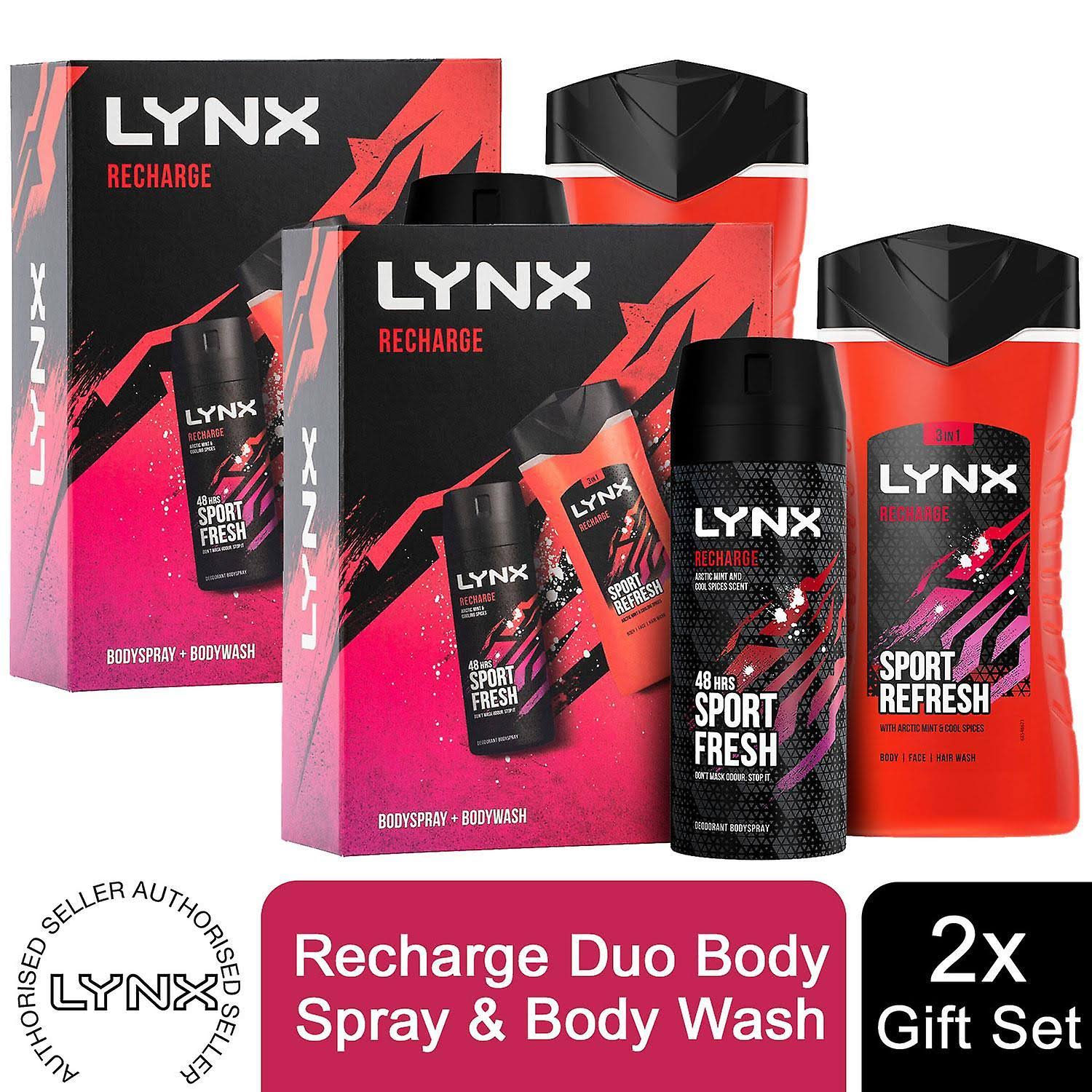 2x Lynx Recharge Duo Gift Set For Him, Body Spray 150ml & Body Wash 225ml Red