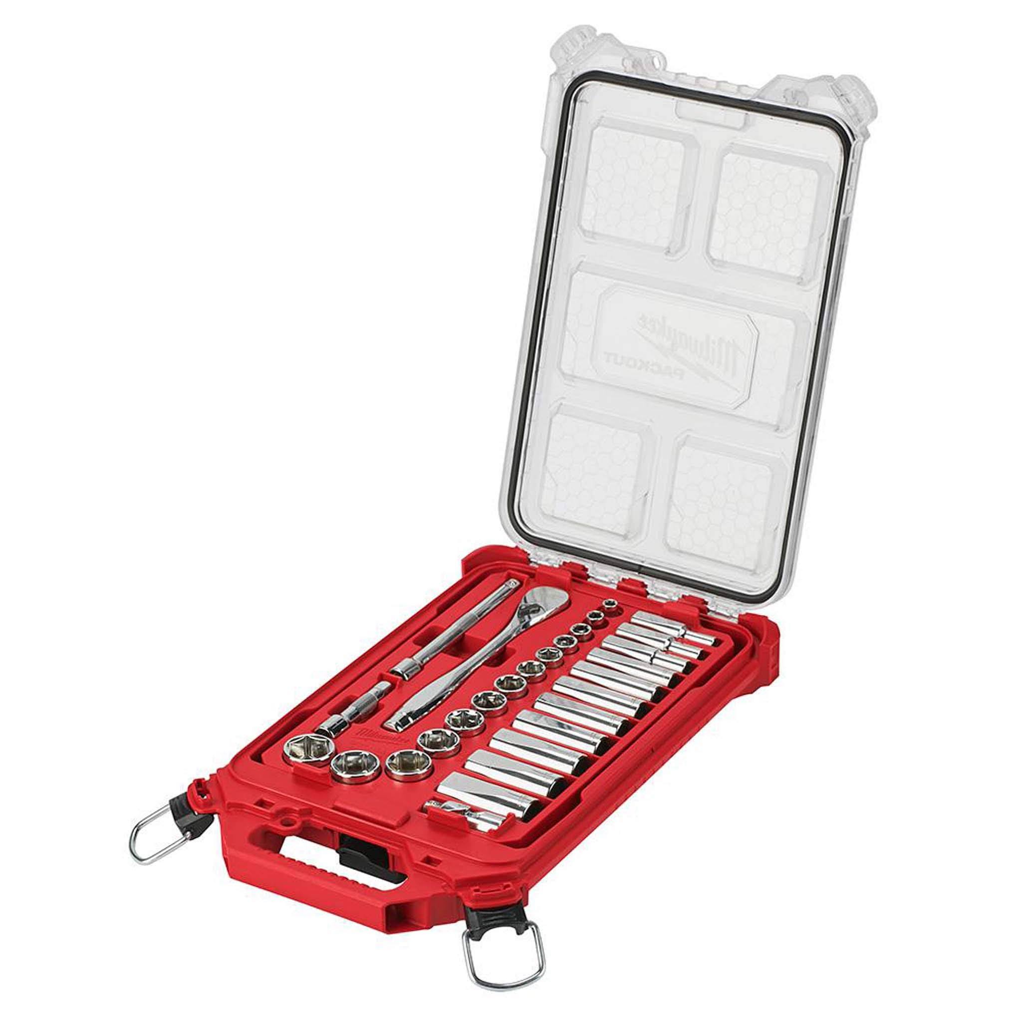 Milwaukee 48-22-9481 SAE Ratchet and Socket Set, Alloy Steel, Chrome, Specifications: 3/8 in Drive